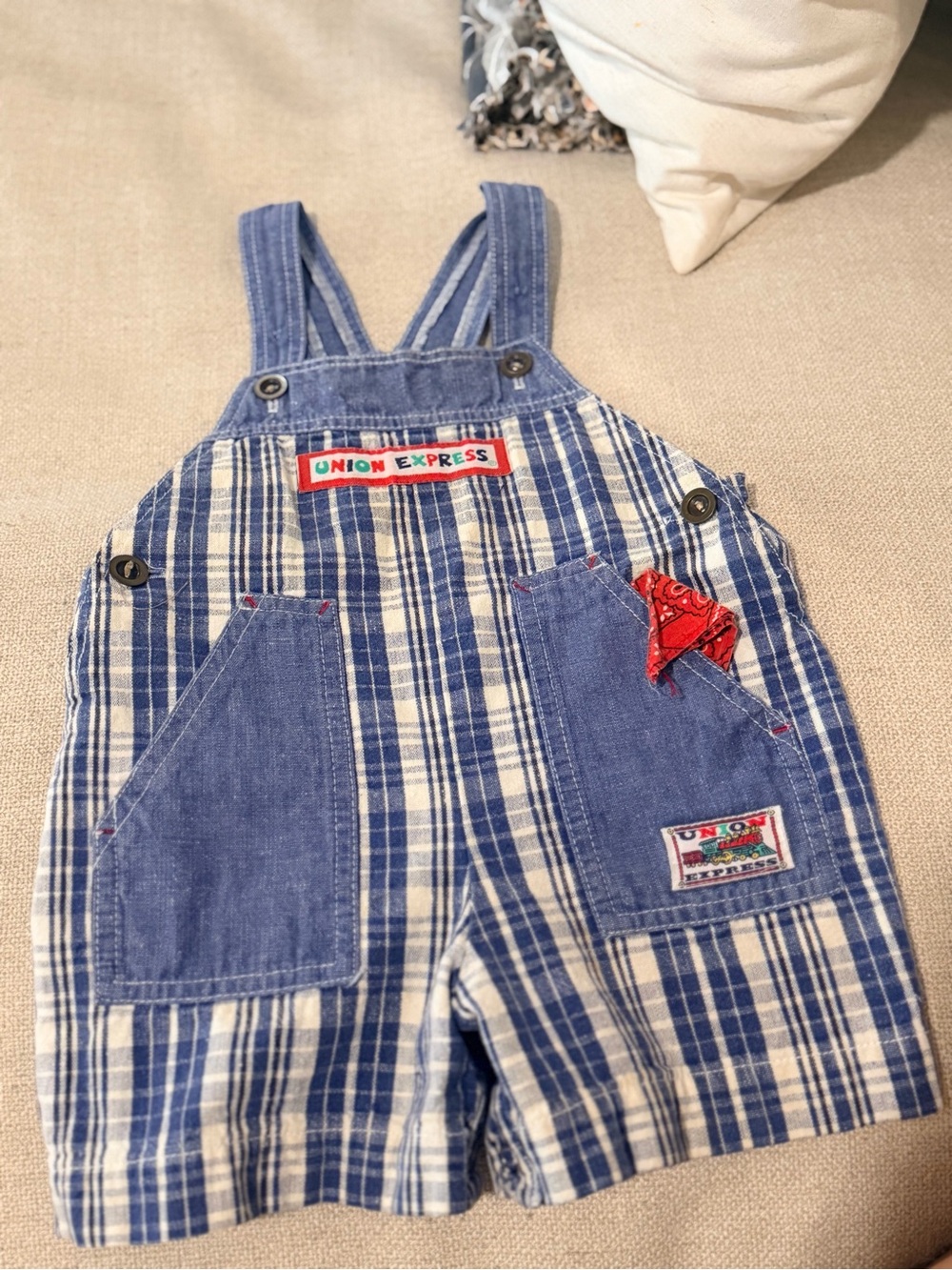 Express Blue and White Plaid Kids Overalls with Red Bandana Patch